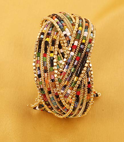 Image of Touchstone Indian Colorful Bead Bracelet Bollywood Beaten Metal Beads Openable Broad Cuff Bracelet in Gold or White Tone for Women.