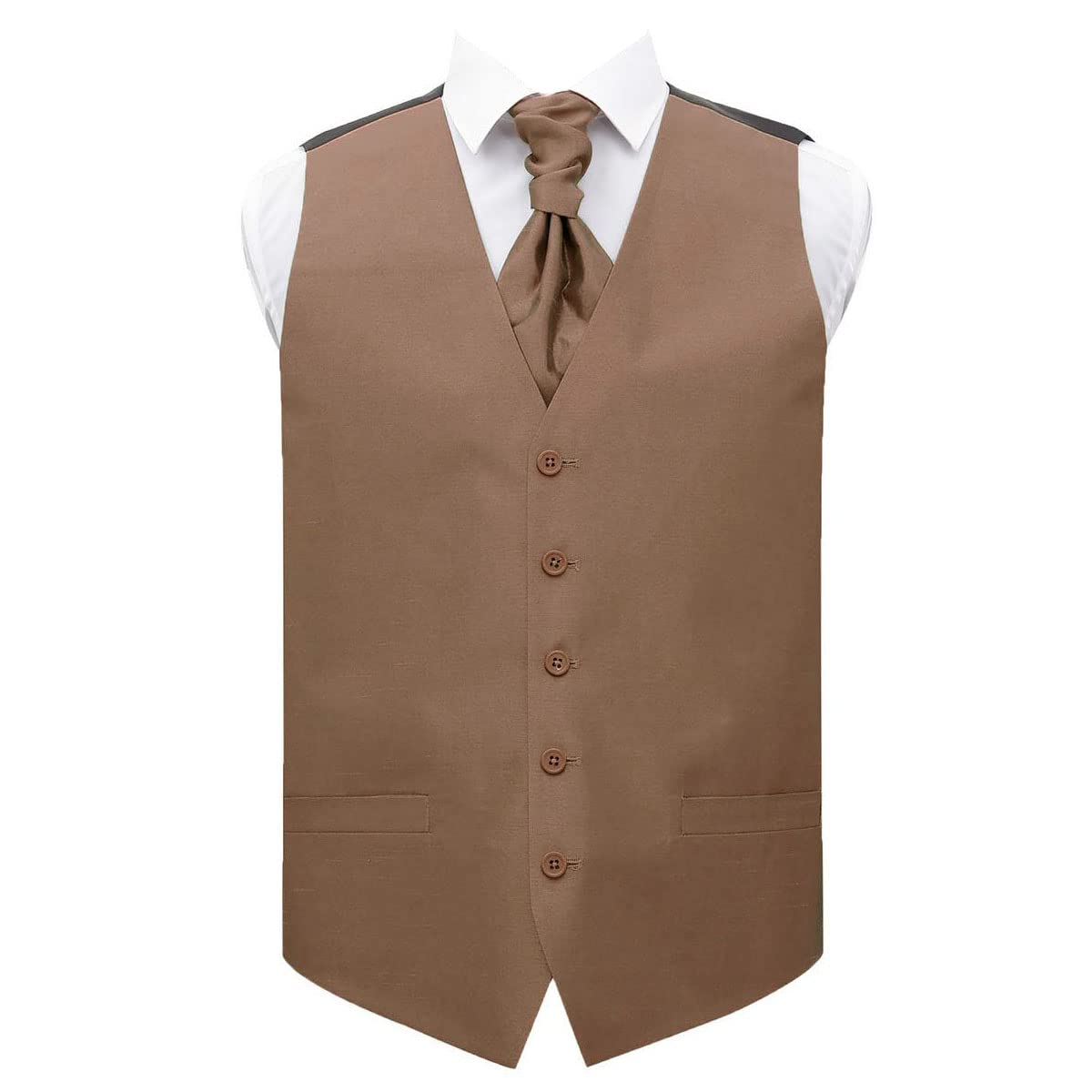 DQT Mens Plain Shantung Waistcoat & Cravat Set (2pc) - Wedding, Business & Formal - Bronze 44" (2XL)
