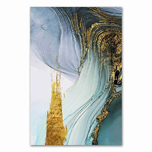 Art de toile moderne bleu abstrait vert feuille d'or pour salon - 2