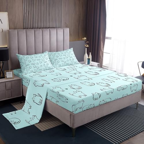 Image of Cute Cats Kitten Pet Fitted Sheet Set with 2 Pillowcase,Cartoon Cat Bed Sheet Teens,Animals Top Flat Sheet Luxury Microfiber,Queen Size