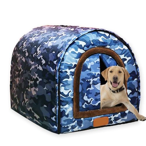 Cama extra grande para perros, resistente al viento, cueva cálida y calmante para mascotas con cortina de puerta, lavable, casa para gatos de interior, impermeable, antiansiedad, cama para mascotas (A