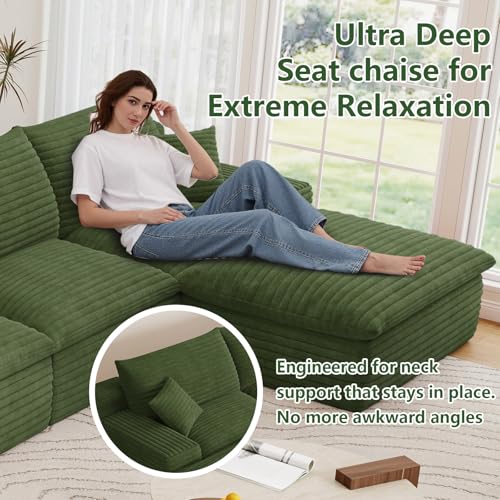 Image of 136 inch Cloud Couch Modular Sectional Sofa for Living Room, U-Shape Boneless Couch with Deep Seat, Modern Corduroy 5-Seater with Ottoman, No Assembly Required, Green