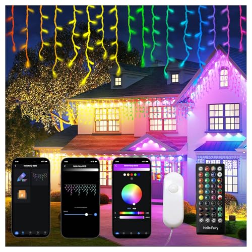 BAIRAYEN Smart Christmas Icicle Lights 66 FT 598 LED RGB Outdoor Icicle Light for 2 Pack APP Music Sync Timer for Home Holiday Eaves Yard Party Decoration