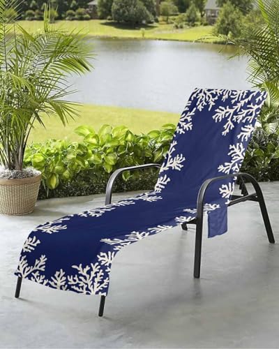 Sea Coral Beach Chair Towel Covers for Chaise Lounge with Side Pocket, Soft Plush Pool Towels Cover for Patio Sunbathing Outdoor 29''x85'' Nautical Exotic Creature Summer Beach Navy Blue
