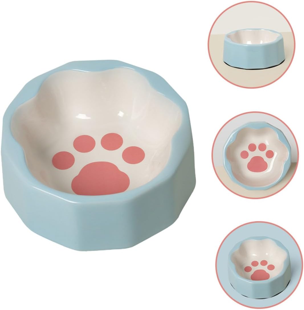 Ceramic Slanted Pet Bowl with Blue Animal Paw Design, Tilted Dog and Cat Food Dish for Feeding and Watering, Small Size Pet Feeder Suitable for Cats and Small Dogs