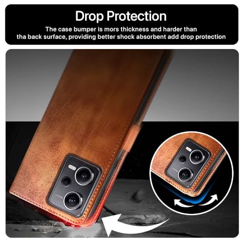 Image of WOW IMAGINE Shock Proof Hand Stitched Luxury Premium Flip Cover Case for Xiaomi Redmi Note 12 Pro 5G (Flexible | Leather Finish | Card Pockets Wallet & Stand | Tanned Brown)