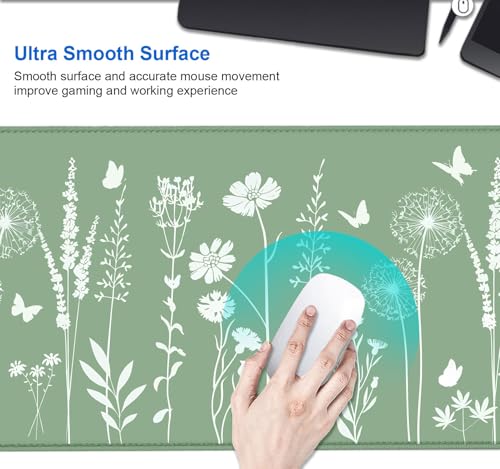 Image of IMAYONDIA Cute Sage Green Desk Mats Mousepad, Plant Floral Anime Deskmat, Aesthetic Desk Pad, Minimalist Mint White Leaves Large Gaming Mouse Pad, Decor Accessories, 31.5 X 11.8