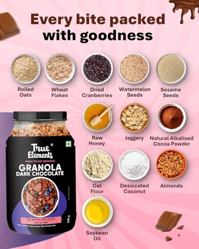 True Elements Crunchy Granola Dark Chocolate 900g - Granola for Breakfast | 23% Berries, Seeds & Almonds | 100% Wholegrain Cereal | Healthy and Tasty Breakfast - Image 2 thumbnail