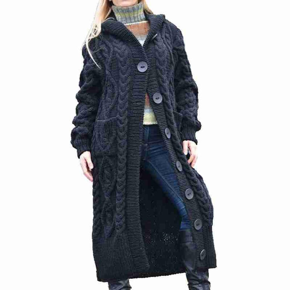 HGJH Damen Zopfstrick Kapuzenpullover Cardigan Vorne Offen Lange Strickjacke Lockere Knöpfe Weicher Pullover Elegante Übergangsjacke Kimono Cardigan Mantel Oberbekleidung Herbst Und Winter Schwarz L