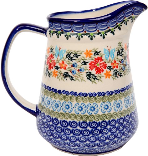Polish Pottery Ceramika Boleslawiec, 0208/238, Pitcher Jacek 4, 5 1/2 Cups, Royal Blue Patterns with Red Cornflower and Blue Butterflies Motif