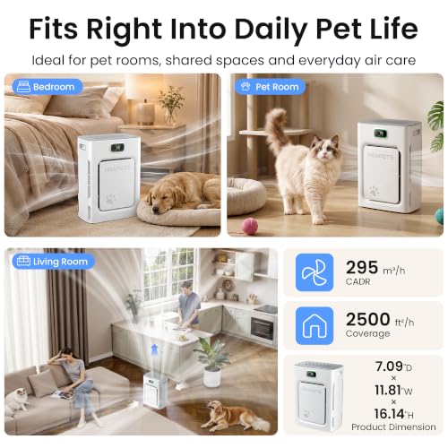Image of Pet Air Purifier for Home 2500 Sq Ft, H13 HEPA Double-Sided Filter with Washable Pre-filter,APP Control,for Pet Hair Dander Odor Allergies Smoke Dust,PM2.5 Air Quality Monitor,Auto Mode,P358 Cat Perch