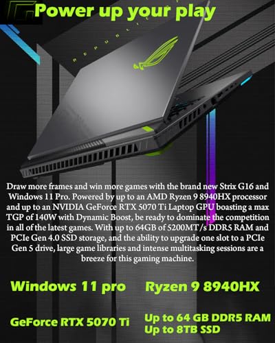 Image of ASUS ROG Strix G16 Gaming Laptop, AMD Ryzen 9 HX 8940HX (Up to 5.3 GHz), NVIDIA GeForce RTX 5070 Ti, 16 inch 165Hz 300 nits Display, Anti-Glare, WiFi 6E, Backlit KB, Win11 Pro (64GB DDR5 | 8TB SSD)