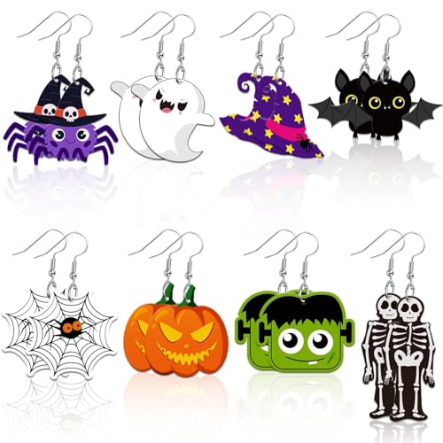 8 pares de brincos femininos de Halloween – fantasmas, abóbora, aranha, chapéu de bruxa, brincos acrílicos leves de Halloween, jóias de fantasia para festa de cosplay, Liga de aço, Não