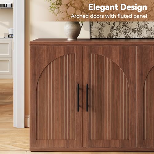 Image of MapleGrace 63 inch Fluted Buffet Cabinet, Walnut Credenza with Adjustable Shelf
