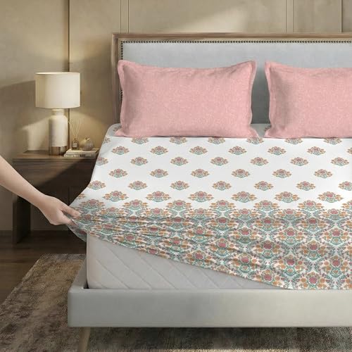 Image of MYTRIDENT Soft Comfort Bedsheet for Double Bed King Size | 182 cm x 198 cm + 30 cm | 200 TC, Sateen Weave, 100% Cotton, Elastic fittedsheet with 2 Pillow Covers and Breathable - Cascade