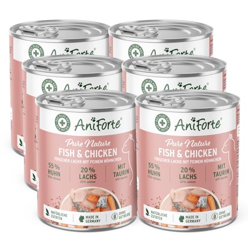 AniForte Fish & Chicken Nassfutter für Katzen 6 x 400 g – Natürliches Katzenfutter nass getreidefrei, viel frisches Lachs & Huhn, Katzennassfutter getreidefrei, Futter für Katzen, Wet cat Food