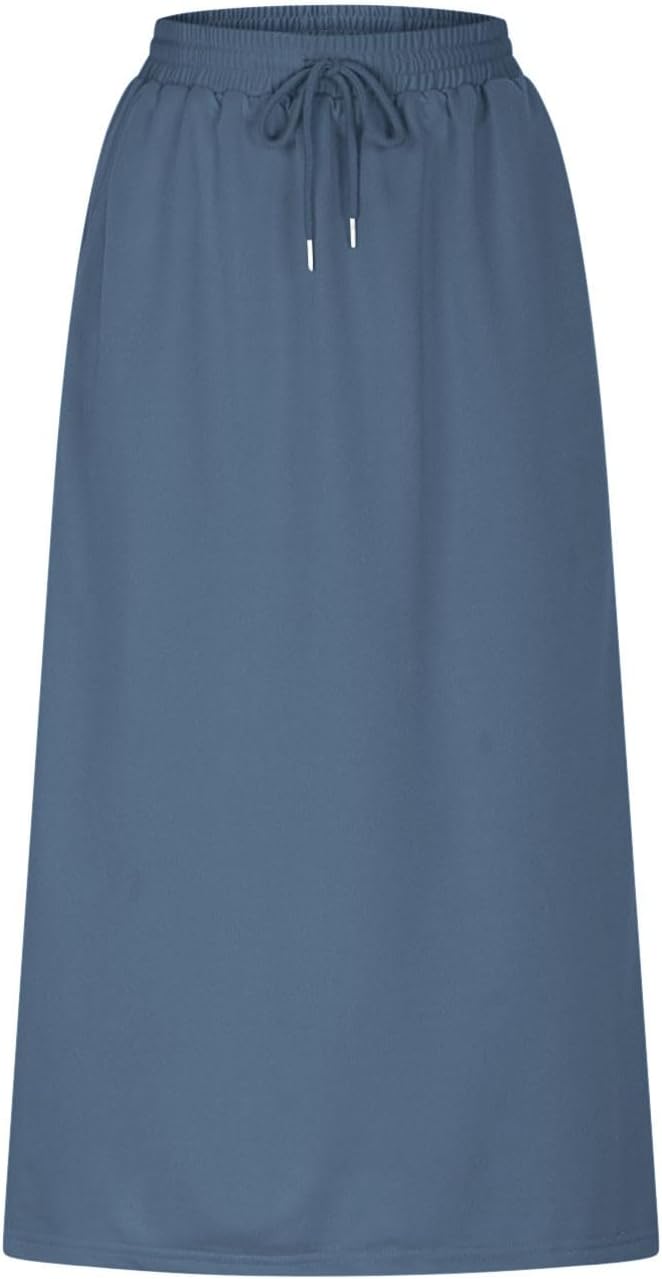Casual Maxi Skirts for Womens High Waist Trendy Drawstring Side Slit Skirts Solid Color Loose Fit Skirt with Pockets - Image 5