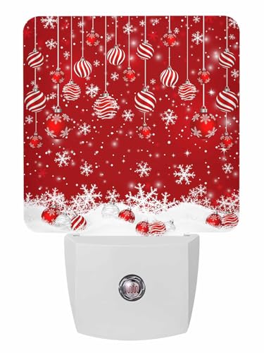 Image of Christmas Balls Night Light Plug in LED Night Lamp Automatic Sensor Red Night Lights, Winter Snowflake Night-Lights Plug into Wall for Bedroom Bathroom Kitchen Hallway Christmas Decor
