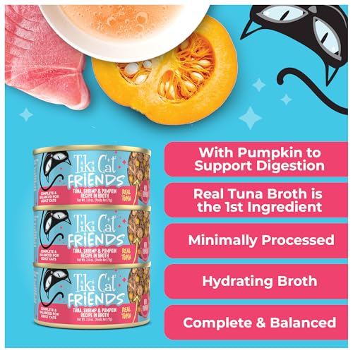 Image of Tiki Cat Friends Tuna, Shrimp & Pumpkin, Grain Free, 2.8 oz. Can, 12 Count | Grain free, high moisture wet cat food for adult cats, gentle fiber from pumpkin, 12 cans per pack