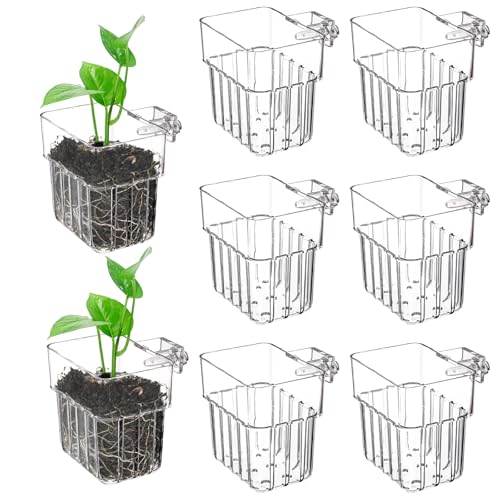 Image of Lawei 8 Pack Acrylic Aquarium Plant Holder, Clear Hanging Aquatic Plant Pot with Hole, Top Aquarium Plant Fish Tank Plant Cup for Water Feature Decoration, Wall-Mounted Plastic Aquatic Plant Baskets
