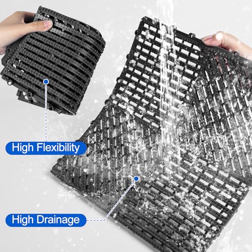 Image of ToLanbbt Modular Interlocking Cushion 12P 11.8 inch x 11.8 inch Interlocking Rubber Floor Drain Holes Non-Slip Splicing Drainage Mats for Deck, Shower, Kitchen, Drain Pool, Sauna Bath (Black, 2 Rows Dots)