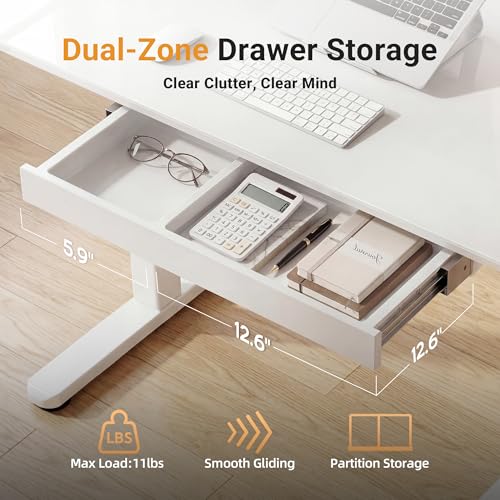 Image of YDN Glass Standing Desk with Drawer, 35 x 19 Inches Electric Adjustable Height Desk, Sit Stand Home Office Desk with Tempered Glass Top, 4 Memory Presets Ergonomic Computer Desk, Super White