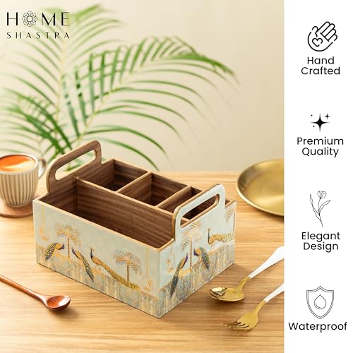 Image of Wooden Cutlery Holder with Gold Engraving | Pack of 1 | Size : 9 x 7 x 5.5 inch | Enamel Coated Waterproof | Cutlery Holder for Dining Table | (Blue Peacock)