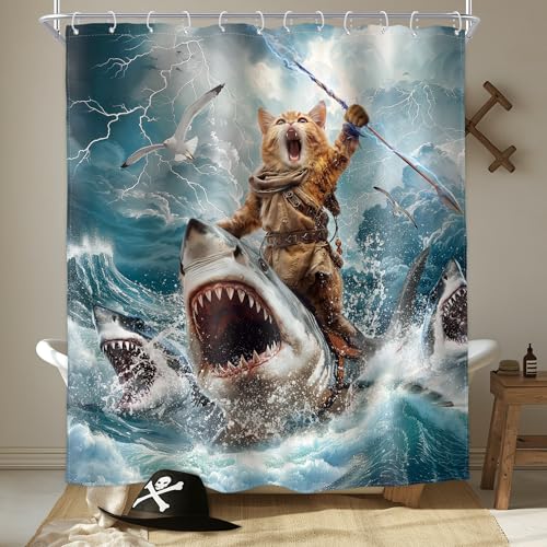 Homewelle Funny Cat Shower Curtain Riding Hilarious Shark Riding Shark Surfing Cool Beach Ocean Waves 72Wx72H Inch Blue Sky White Clouds for Boys Men Waterproof Polyester Fabric Bathroom Bathtub