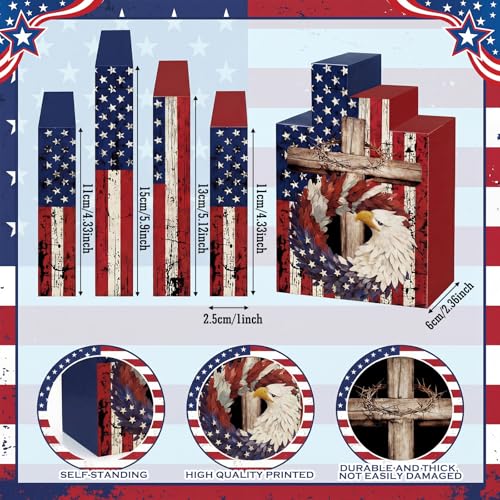 Image of Amyhill 4 Pcs 4th of July Decorations Set Wooden Patriotic Table Centerpieces Independence Day Wood Firework Fourth of July Table Signs for 250th Anniversary Home Farmhouse Decor (Pattern Style)
