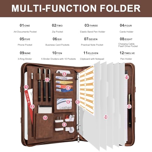 Image of Leathario Portfolio Binder, Includes 5 Folder Index Dividers, 13 Inch Tablets Organizer with Handle, Vegan Leather A4 Padfolio, Multi-Pocket Notepad Business Planner Professional Document