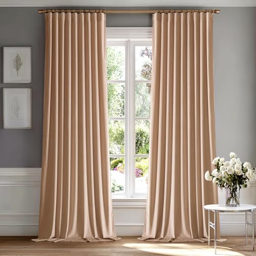 Image of MIULEE Blush Beige Velvet Pinch Pleat Blackout Curtains W52 X L96 Inches | 2 Panels,Luxury,Thermal Insulated,Super Soft,Back Tab & Rod Pocket,for Bedroom Living Room