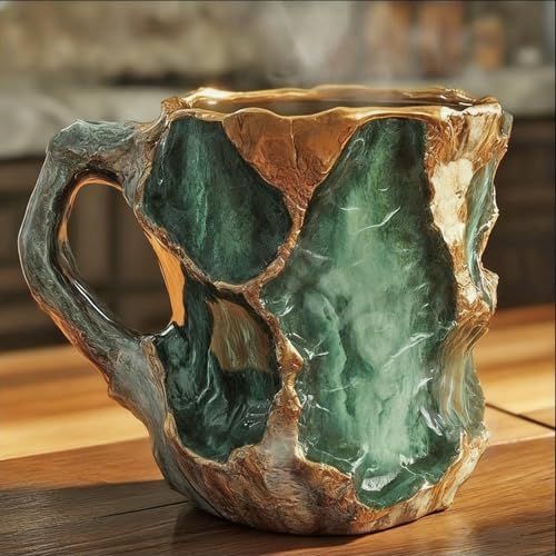 Mineral Crystal Coffee Mugs, Pink Marble Texture Ceramic Coffee Mug, Crystal Mugs for Coffee With Handle Unique Irregular Design for Home Office (Green)