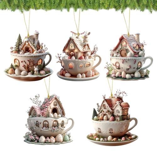 Iamred 5 Stück Ostereier Hasenhaus Tasse Anhänger, Eierhaus Osterbaumschmuck, Osterdeko Baumschmuck Flaches Haus, Ostereier Ornamente Anhänger 2D Acryl Ostern Deko Fenster für Innen Draußen