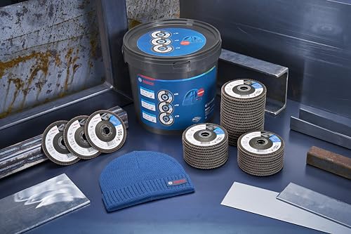 Bosch 40x Fächerschleifscheibe X551 Expert for Metal + Beanie Set (für Metall, Stahl, Gusseisen, Ø 115 mm, Körnung 40/60/80, M14, Professional Zubehör Winkelschleifer)