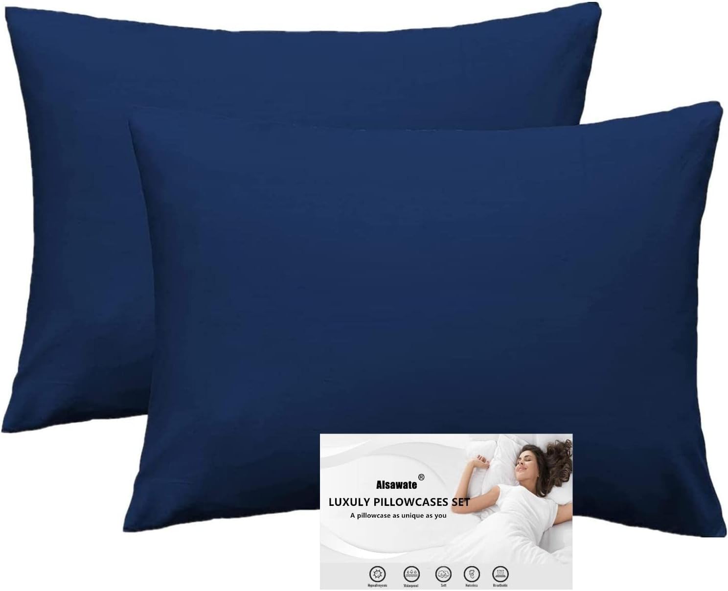 Navy Blue Standard Pillow Shams 2 Pack- 500 Thread Count Cotton 20x30 Sham Covers, Soft and Breathable with Envelope Closure Pillow Case for Sleeping