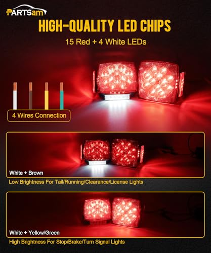 Image of Partsam Pair Slim Square LED Trailer Light Submersible Tail Lights 15 Red 4 White LEDs 5050 SMD Stop Turn Tail with Side Clearance and License Lights for Under 80 inch Boat Trailer 12V IP67 Smoke Lens