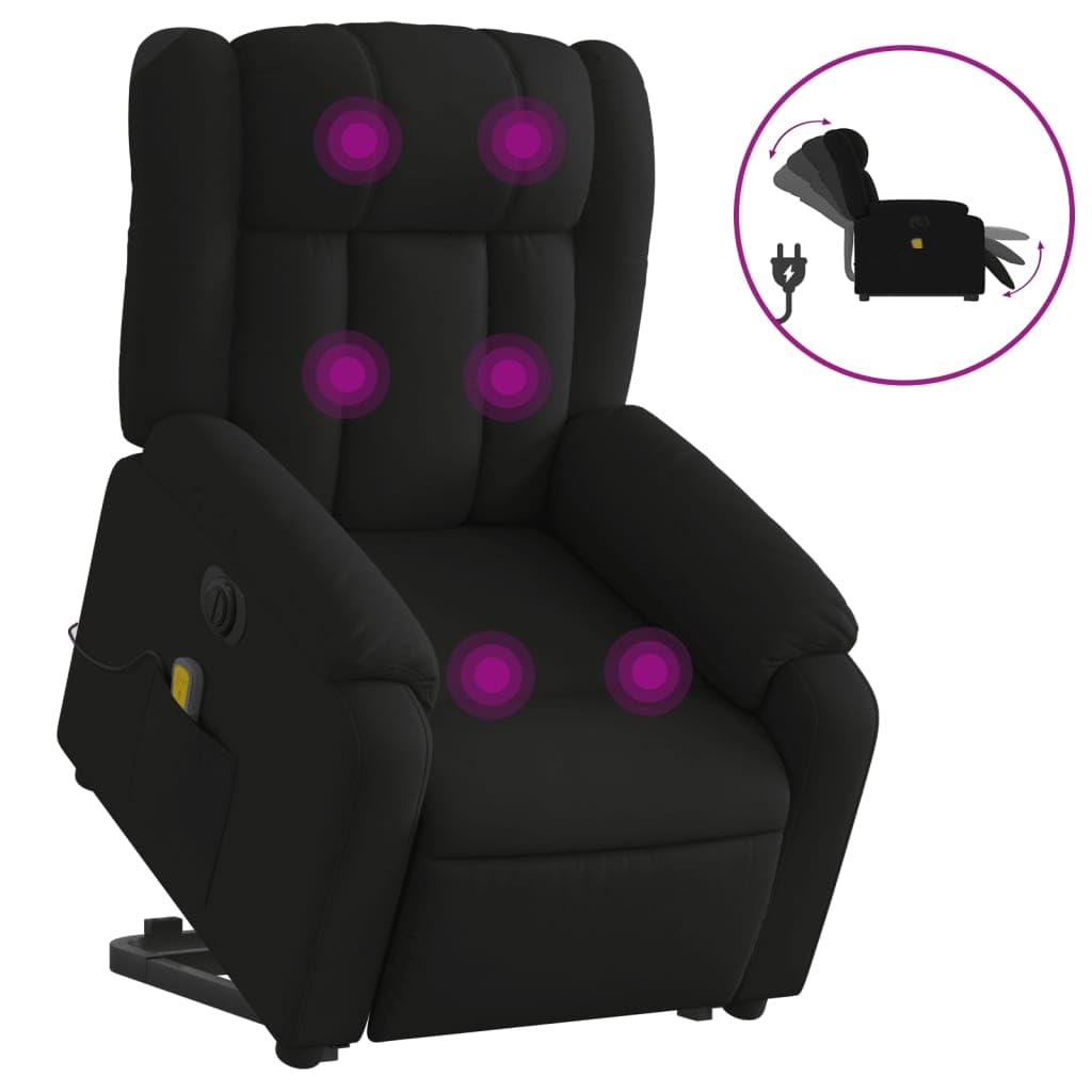 Sillón elevador eléctrico reclinable de tela negra con 6 puntos de vibración y función de elevación, cómodo y estable para relajación y bienestar