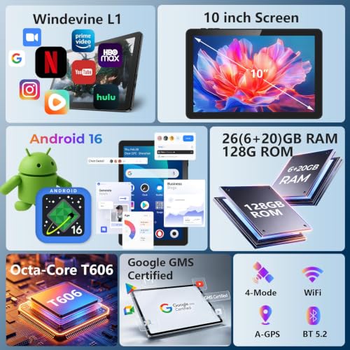 Image of Android Tablet 10 inch, Android 16 with 26GB RAM 128GB ROM with 7000 mAh | Android 16 OS Gemini AI Google GMS Certified T606 Octa-Core 10.1 inch HD Wi-Fi 6 BT 5.0 GPS 7000mAh Battery