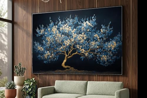 Toile Arbre en fleurs dorées 30x40 cm avec cadre intérieur bleu