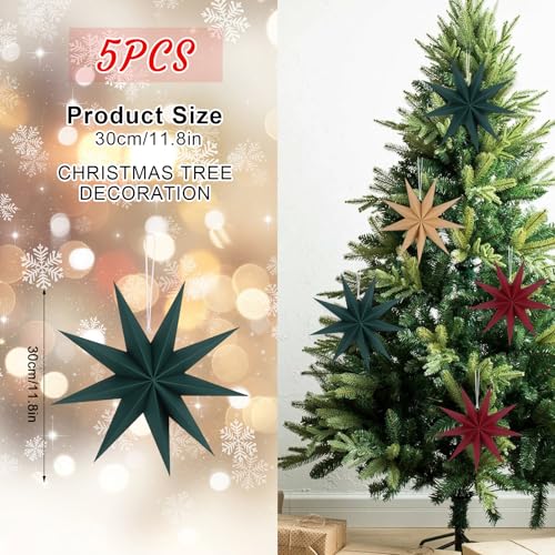 Image of 12 Inches 5 PCS Wine Red Green Brown Paper Star Lanterns Christmas Party Decorations Hanging Stars Christmas Party Decorations Wedding Birthday Christmas Home Party Decorations(9 Pointed)