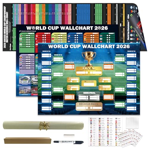 World Cup Wall Chart 2026 Poster Set (3 Pack) PVC Dry Erase Soccer Schedule Posters with Knockout Bracket Group Stage Tracker & Full Match Timeline Includes 48 Team Flag Stickers Marker Eraser & Mounting Tape Fan Gift