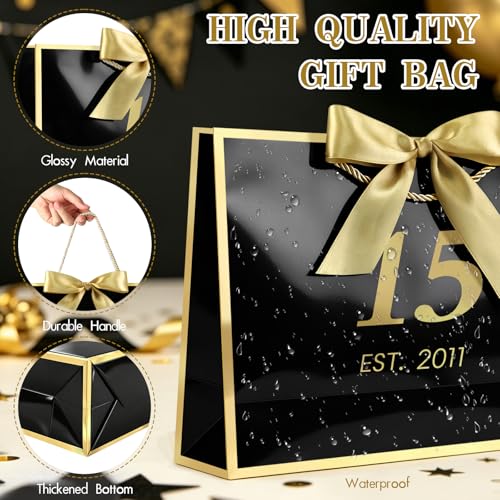 Image of JMANNI 15th Birthday Gift Bag with Card and Tissue Paper for Men Women Him, 13 inch Elegant Black Gold Anniversary Keepsake Party Present Shopping Paper Bags for Gifts Wrapping (EST.2011 /Black /Medium)
