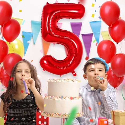 Image of Red 5 Number Foil Balloon with Crown & Base Balloons | 32 Inch Helium Supported for Birthday, Anniversary, Baby Shower Decoration - Pack of 14