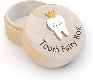 Carved Tooth Box for Kids, Sweet Crown Tooth Fairy Wooden Box with 3D Tooth, Stores Lost Teeth for Kids Girls Boys Children and Easy to Carry, Dropped Tooth Keepsake Storage Box