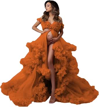 Yexinbridal Maternity Photoshoot Dress - Mermaid Tulle Gown With Ruffles For Baby Shower