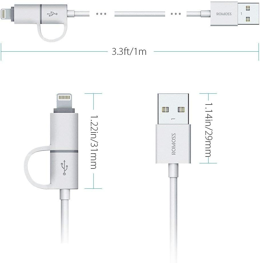 نقشه فنی کابل دوکاره ROMOSS که ابعاد آن، شامل طول کابل (۱ متر/۳.۳ فوت) و اندازه کانکتورها را نشان می‌دهد.