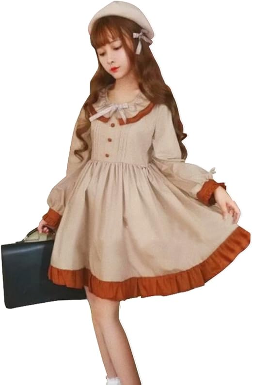 Amazon Cospland ロリータ服 ワンピース コスプレ クラシック系 森ガール ミルク茶色 レディース 長袖 中腰 荷葉の裾 M 長袖 コスプレ 仮装 通販