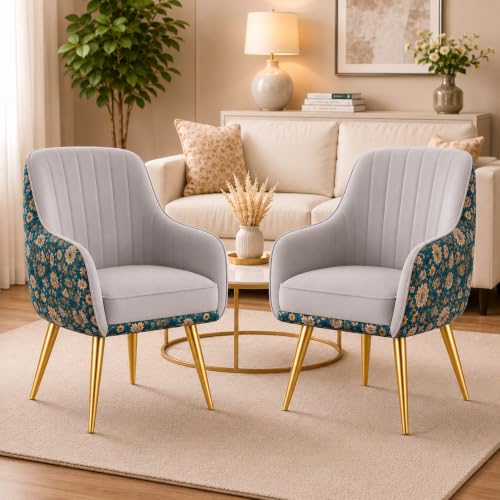 Image of Set of 2 Accent Chair for Living Room | Modern Armchair in Soft Velvet Fabric with Sturdy Legs | Premium Chair for Home Living Room Bedroom Restaurent | (Gold Legs, Light Grey Floral)
