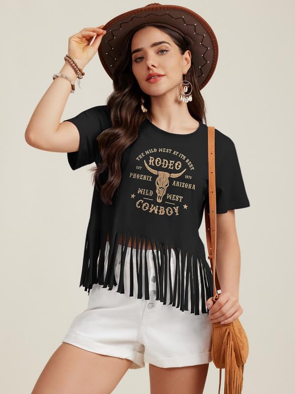 Women Graphic Tees Western Shirts Vintage Cowgirl Fringe Shirt Country Concert Tops Short Sleeve2
