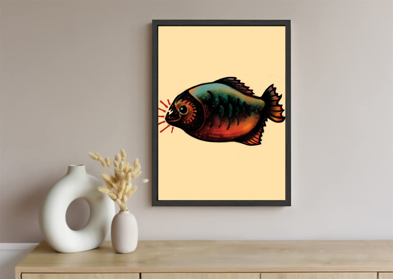 VERRE ART Digitally Printed Art on Canvas with Black Floater Frame for Home Decor Office Wall Studio Wall Living Room Decoration Poster (10inchx14inch) - Piranha
